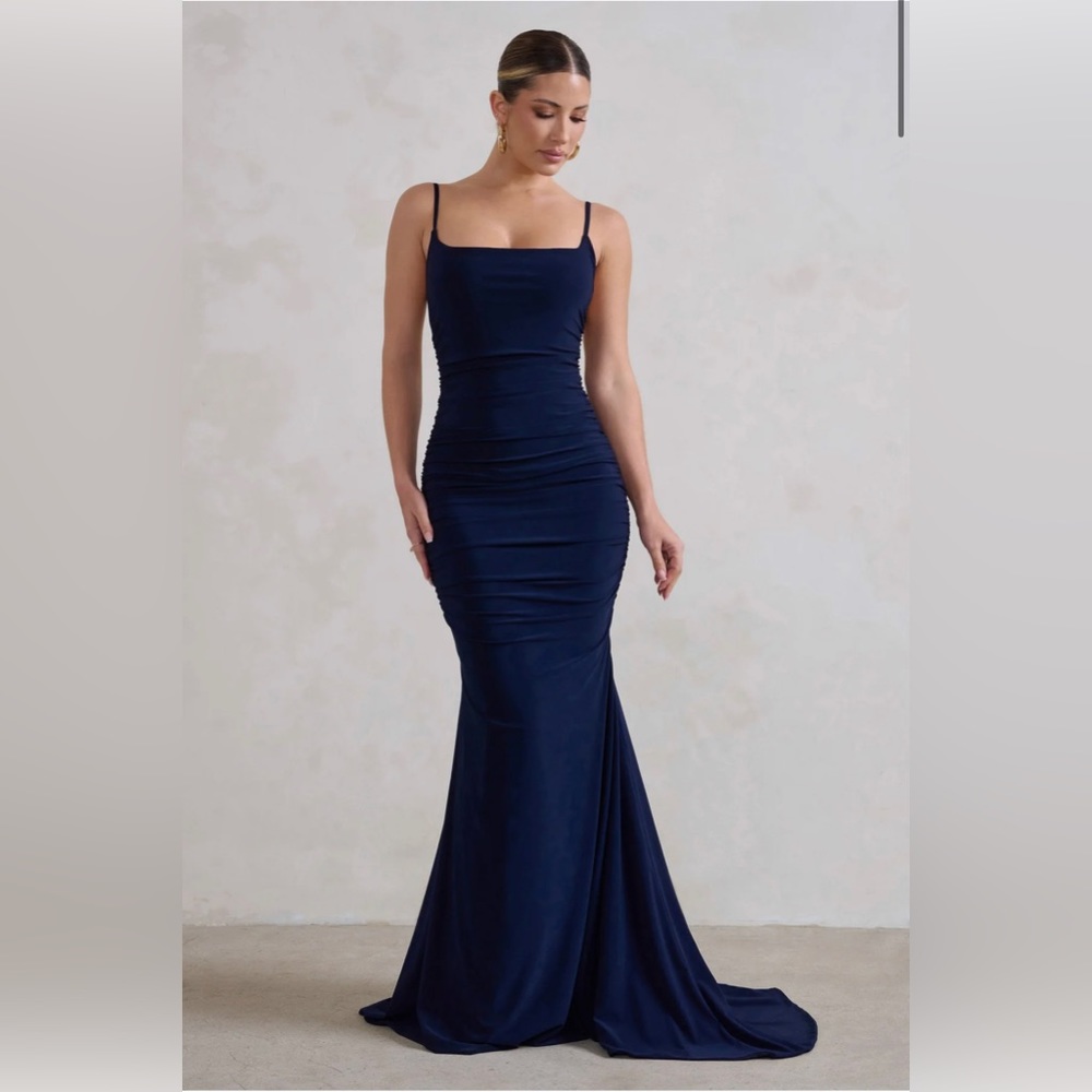 Navy Backless Ruched Maxi Dress